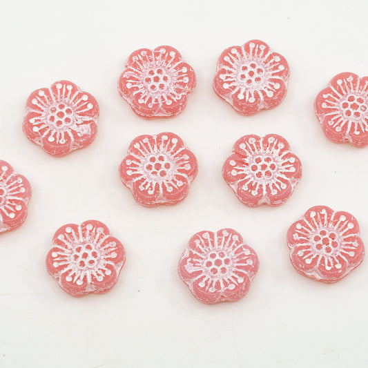 OUTLET 10 grams Flower Pressed Glass Beads, 18 x 18 mm, Opal Pink White Lined (71010-46401), Glass, Czech Republic