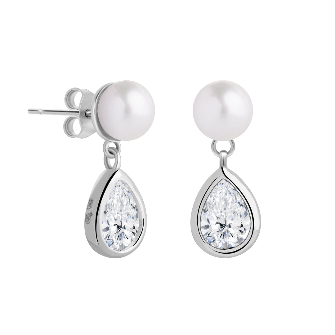 Earrings Pure Pearl Silver Ag-925 Rhodium Plated Jewelry, Cubic Zirconia Preciosa, natural Mother of Pearl, Czech Bohemia PRECIOSA BEAUTY Jewelry, Crystal Clear / White