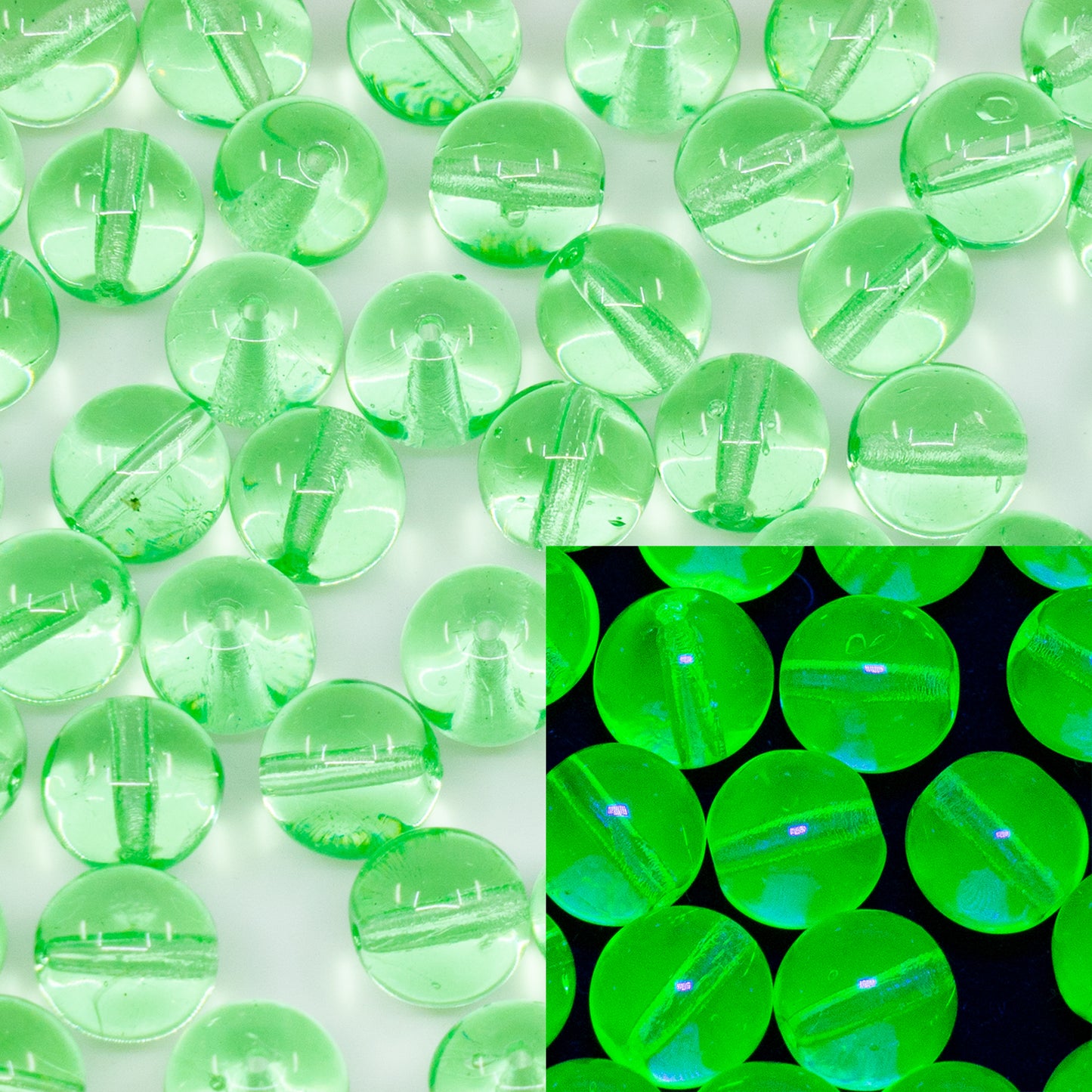 OUTLET 250g/50g Round Druck Beads, 8 x 8 mm, Transparent Green (50800), Glass, Czech Republic