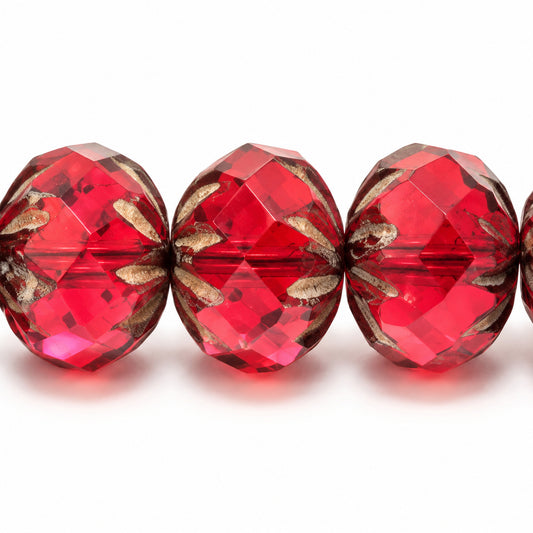 Special Cut Faceted Fire Polished Beads, Transparent Red Stain Strong (90090-86805), Glass, Czech Republic
