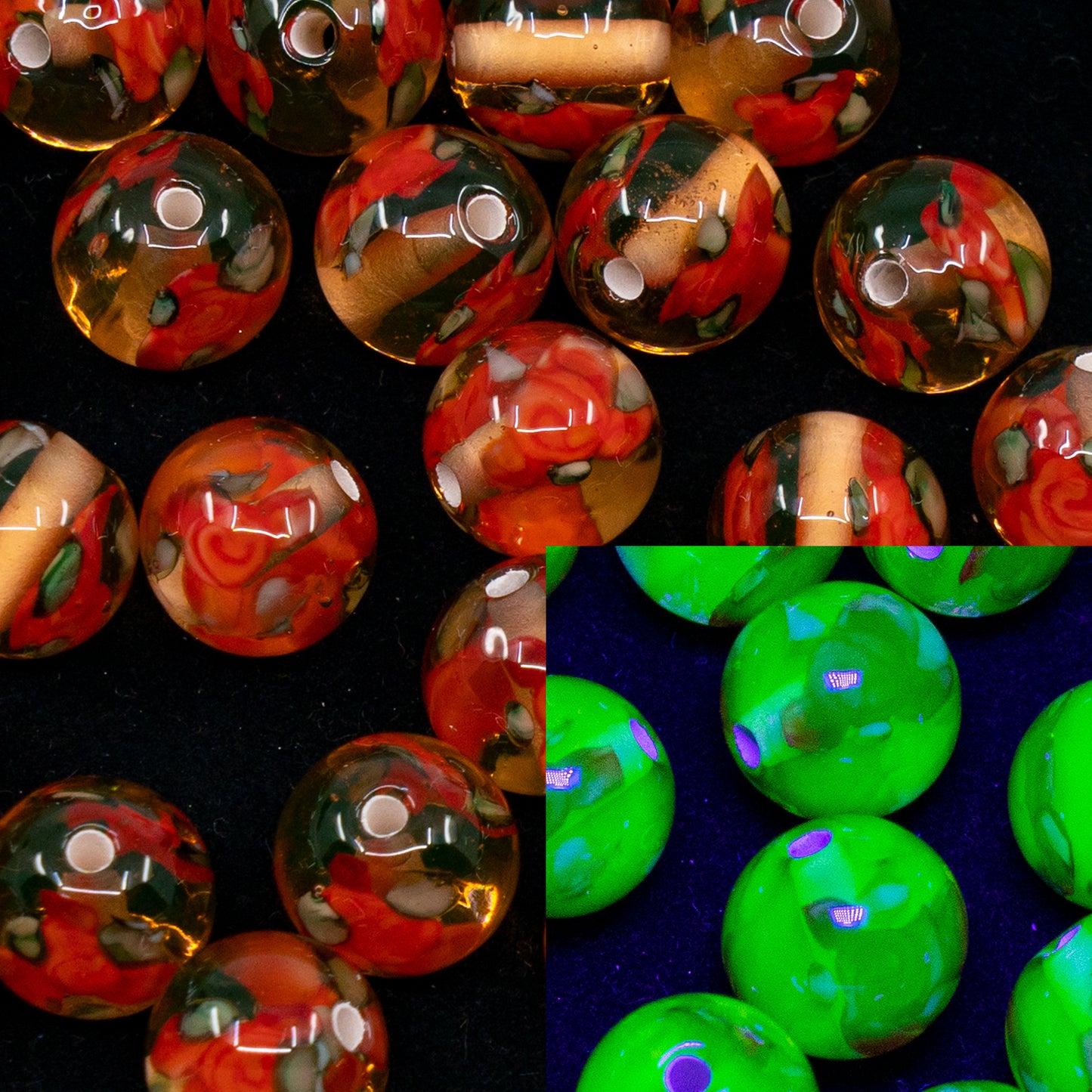 OUTLET 1 pcs Lampwork Round Beads, 10 x 10 mm, Transparent Pink Uranium + Pink Flowers (0001-70990-pink), Glass, Czech Republic