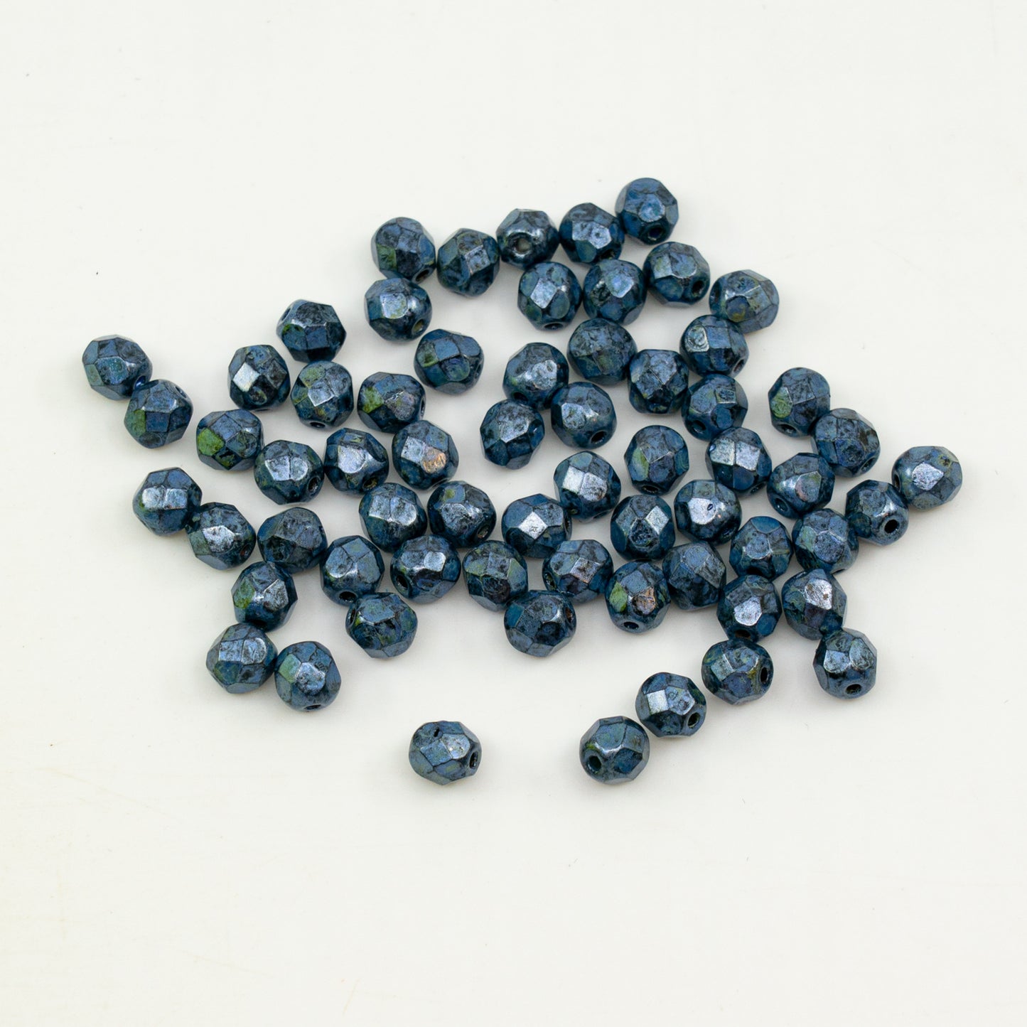 OUTLET 10 grams Faceted Round Fire Polished Beads, Black Green Luster Spotted (23980-65325), Glass, Czech Republic