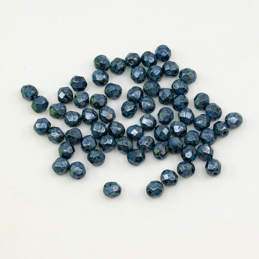 奥特莱斯 10克多面圆形火抛光珠，黑绿光泽斑点（23980-65325），玻璃，捷克共和国