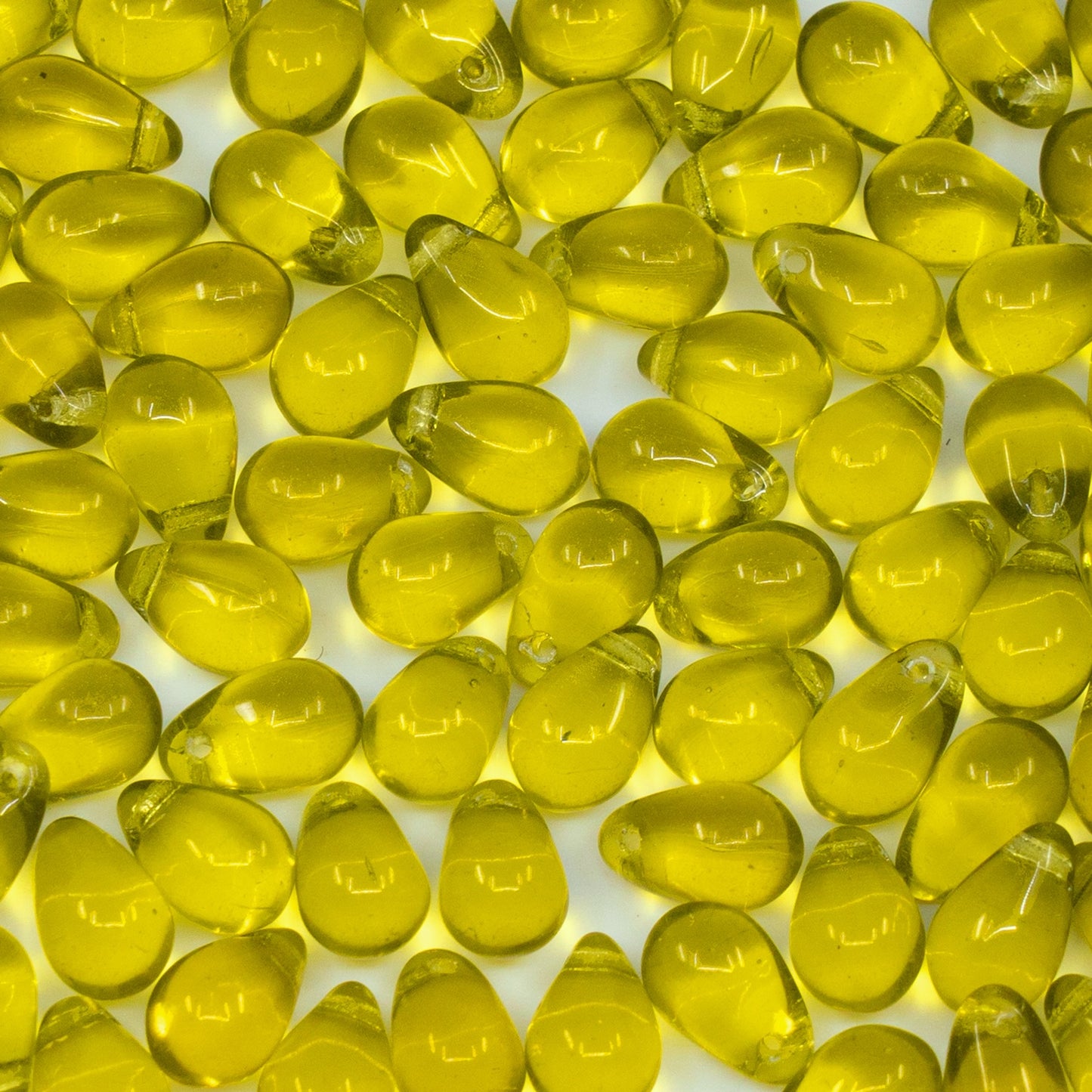 Drop Glass Beads, 6x9mm, Teardrop Algae Transparent Yellow Green