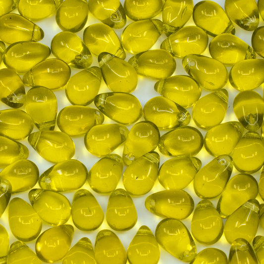 Drop Glass Beads, 6x9mm, Teardrop Algae Transparent Yellow Green