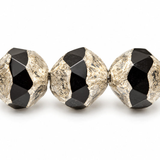 Special Cut Faceted Fire Polished Beads. Smashed, Black Antique Silver Patina (23980-81002), Glass, Czech Republic