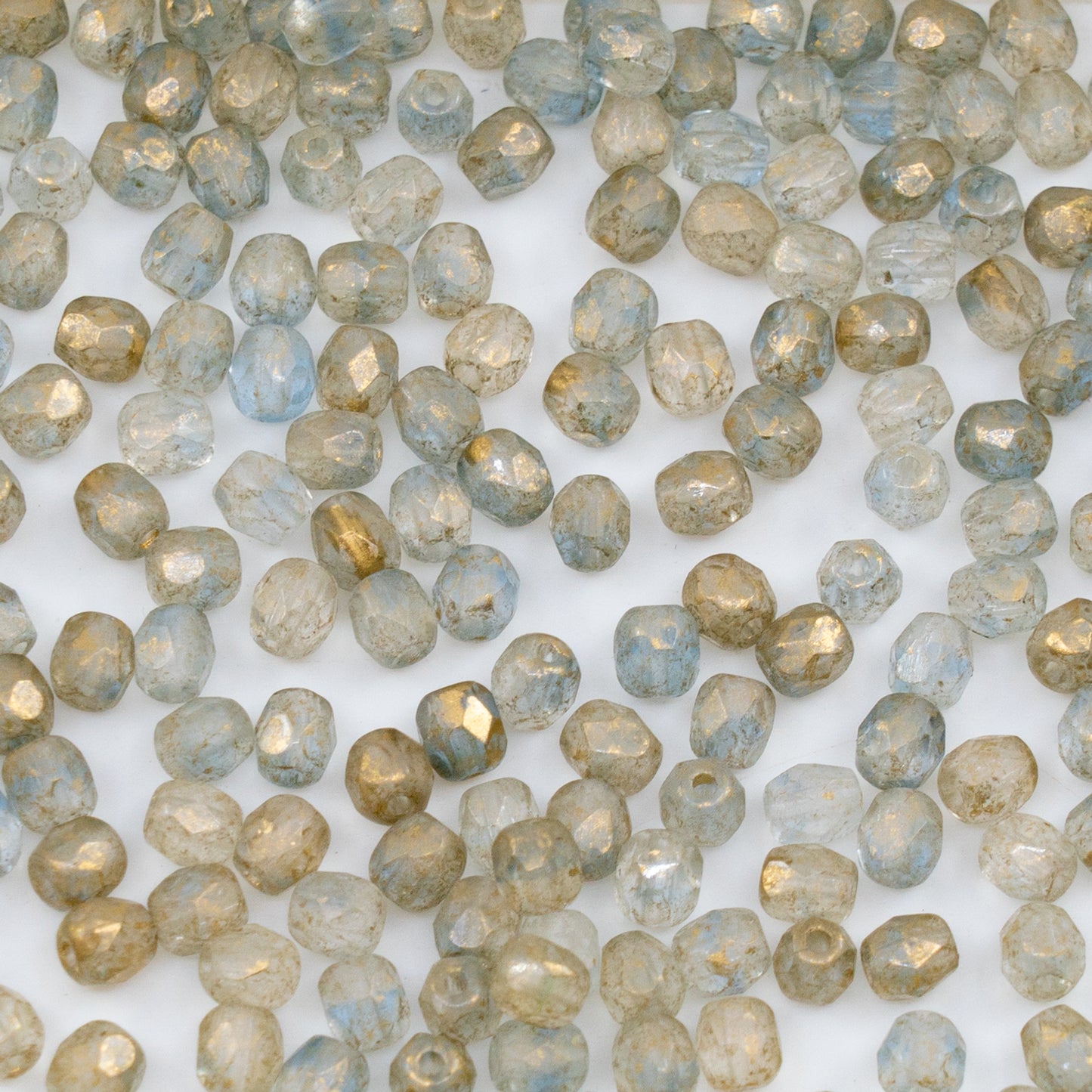 OUTLET 250g/50g Faceted Round Fire Polished Beads, 4 x 4 mm, Transparent Blue Mixed Gold Splash (30031-94401), Glass, Czech Republic