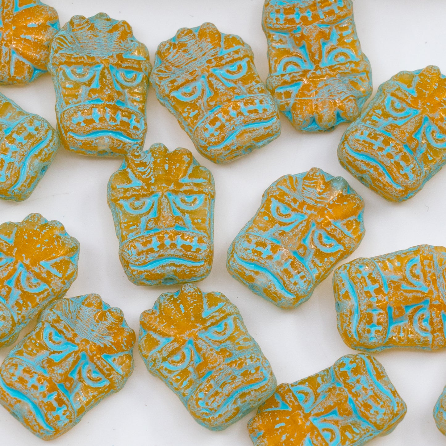 OUTLET 250g/50g Tiki Mask Beads, 17 x 12 mm, Orange Light Blue Lined (R0912-54308), Glass, Czech Republic
