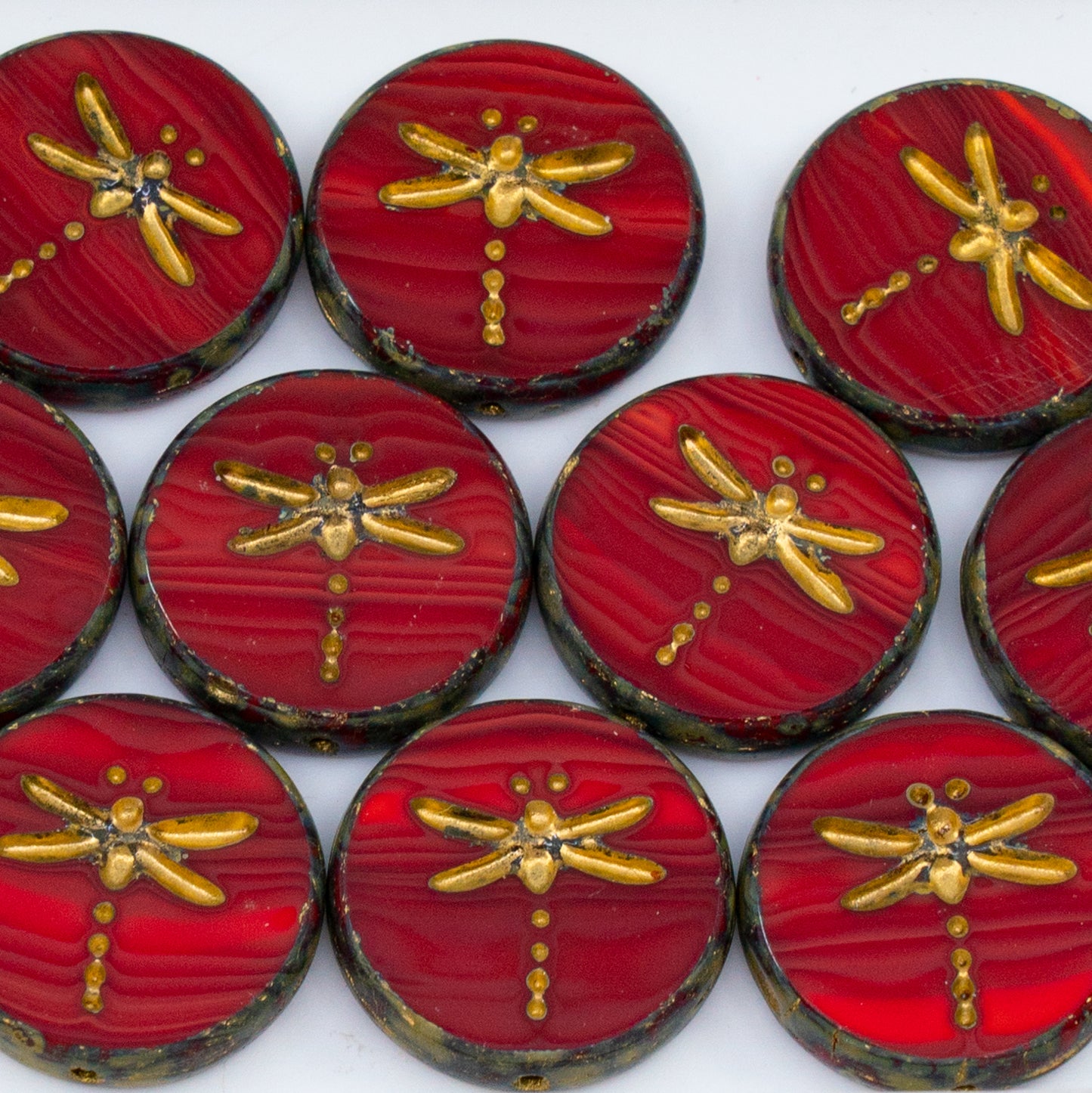 OUTLET 250g/50g Table Cut Dragonfly Beads, 17 x 17 mm, Opal Red Travertin Gold Lined (91250-86800-54302), Glass, Czech Republic