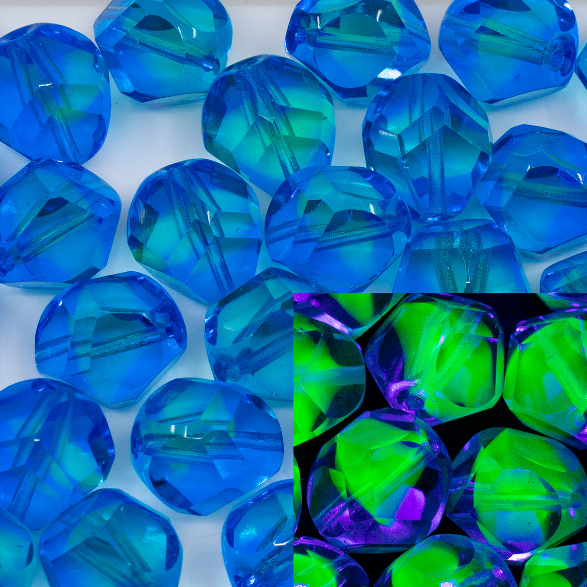OUTLET 250g/50g Special Cut Gem-Like Fire Polished Beads, 12 x 12 mm, Blue Green Transparent (57301), Glass, Czech Republic