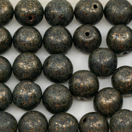 OUTLET 10 grams Round Pressed Beads, 12 x 12 mm, Black Matt Travertin Gold Splash (23980-86801-95502), Glass, Czech Republic