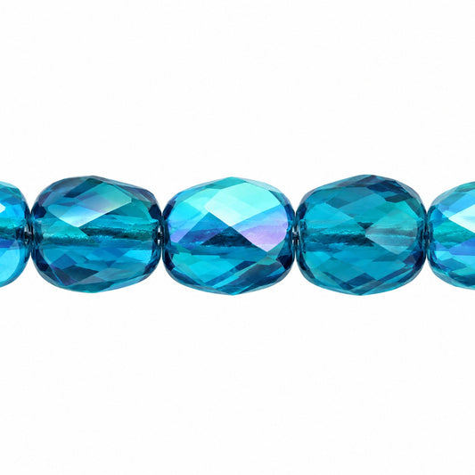 Shutter Cut Faceted Fire Polish Beads, Transparent Aqua Ab (60080-28701), Glass, Czech Republic