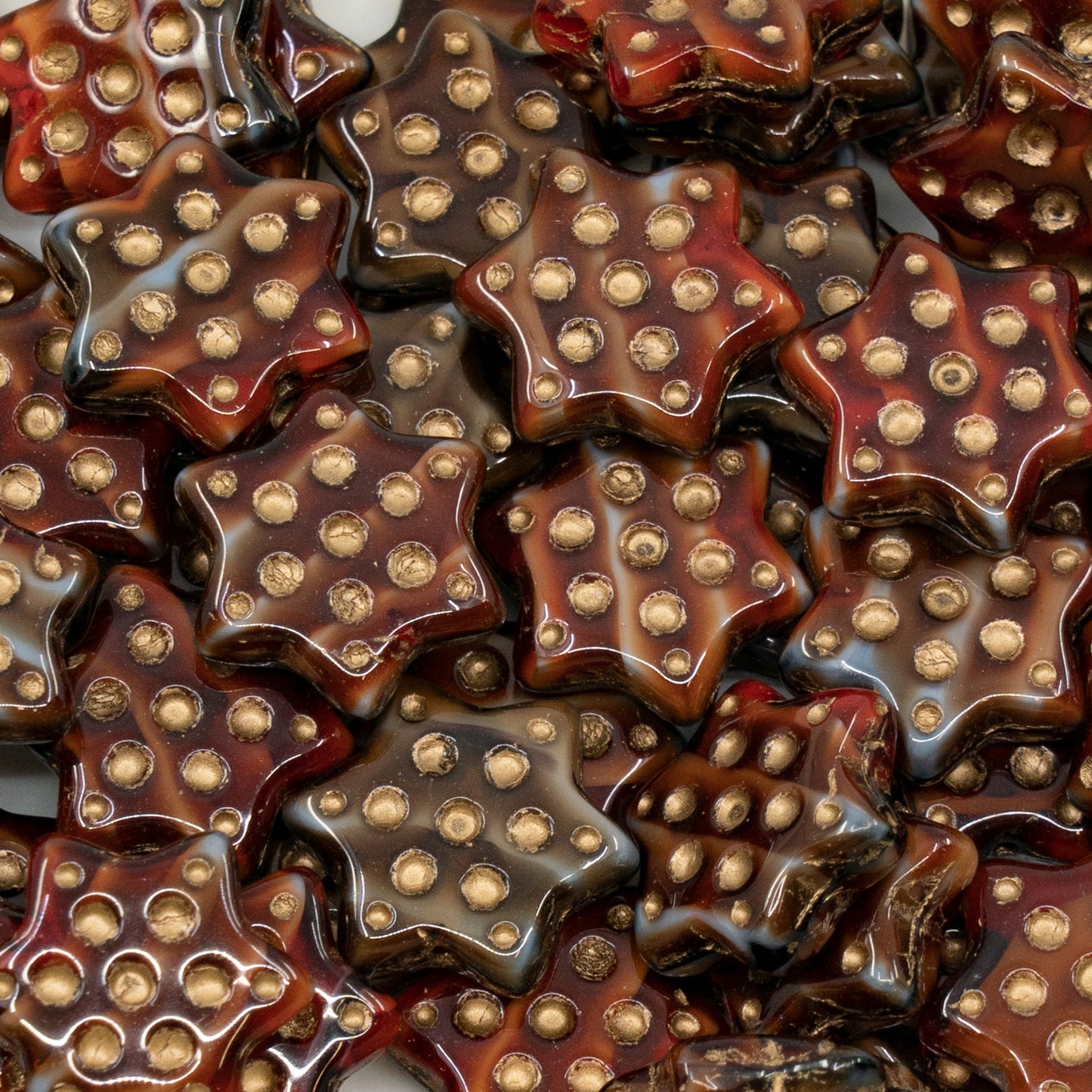 OUTLET 10 grams Pressed Beads Star With Dot, 16 x 16 mm, Red Mixed Colors Gold Lined (red-mix-54302), Glass, Czech Republic
