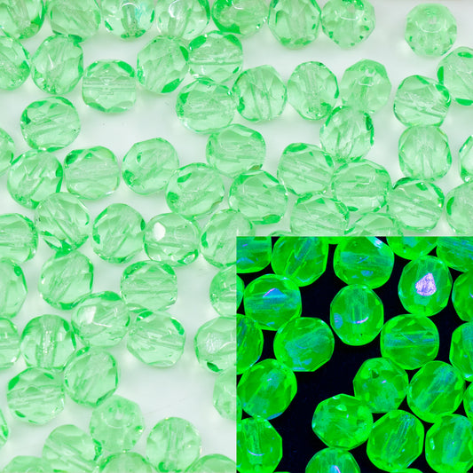 OUTLET 250g/50g Faceted Round Fire Polished Beads, 6 x 6 mm, Transparent Green (50800), Glass, Czech Republic