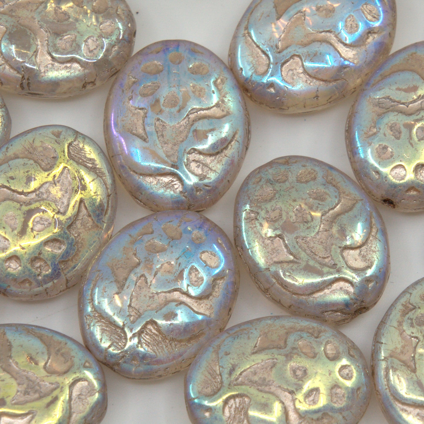 OUTLET 250g/50g Oval With Flower Beads, 21 x 16 mm, Crystal Ab Full (2X Side) Copper Lined (00030-28703-54324), Glass, Czech Republic