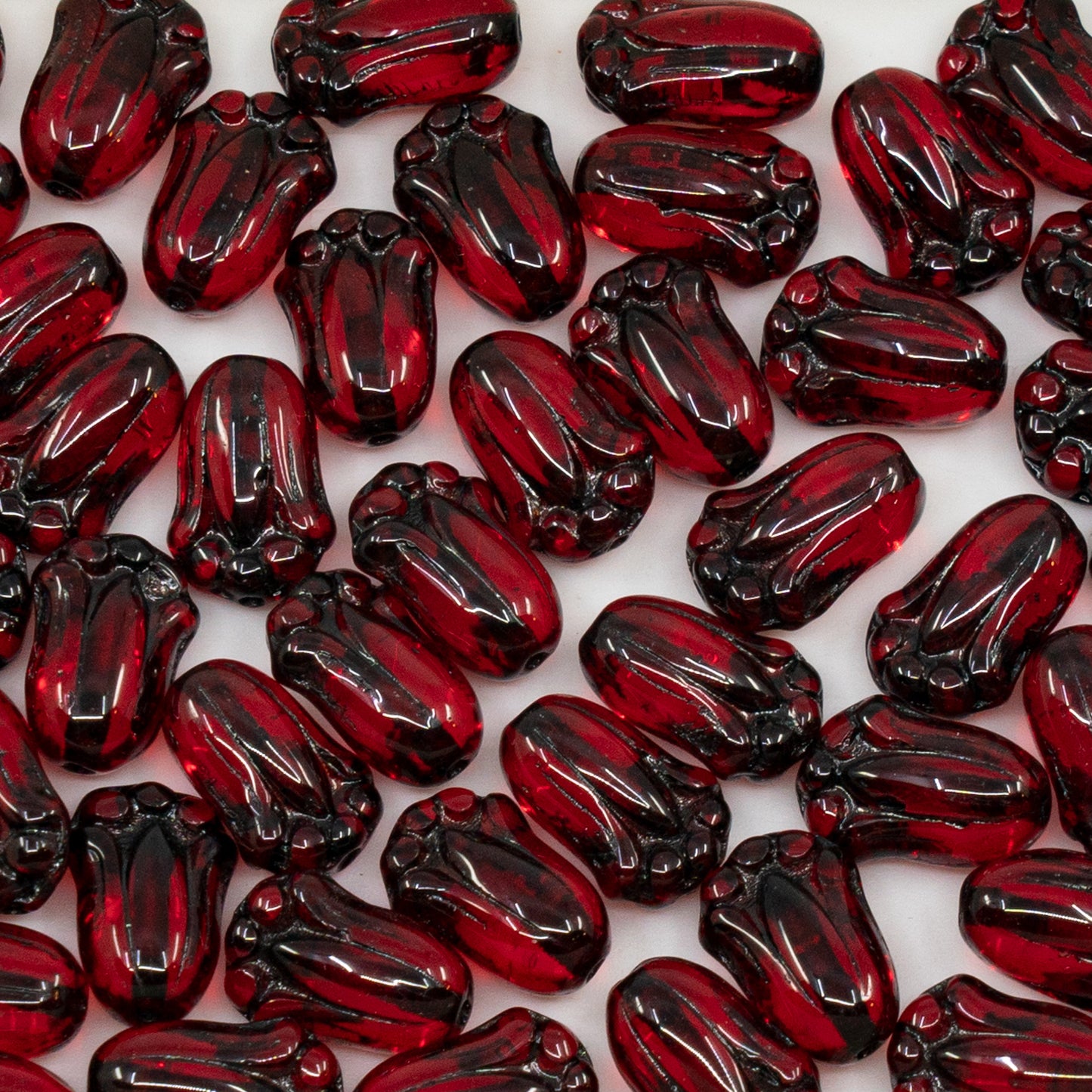 OUTLET 250g/50g Tulip Bud Beads, 12 x 8 mm, Ruby Red Travertin (90080-86800), Glass, Czech Republic