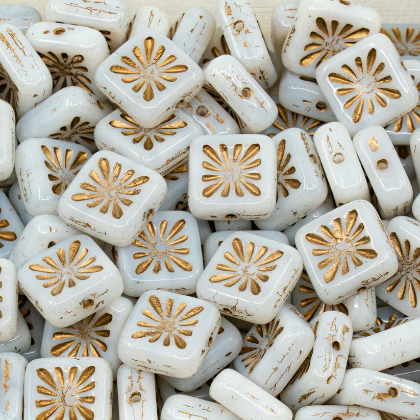 OUTLET 10 grams Squared Kiwi Beads, 10 x 10 mm, White Gold Lined (02010-54302), Glass, Czech Republic