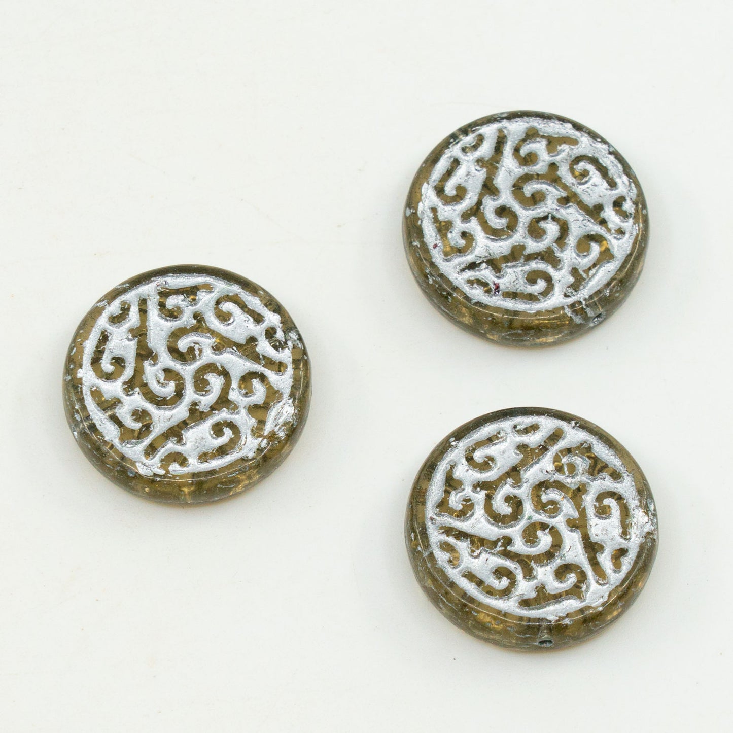 OUTLET 10 grams Round Coin with Ornament Pressed Beads, 20 x 20 mm, Gray Silver Lined (40000-81403), Glass, Czech Republic