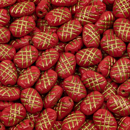 OUTLET 250g Oval Beads With Crossed Lines, 10 x 7 mm, Opaque Red Gold Lined (93200-54302), Glass, Czech Republic