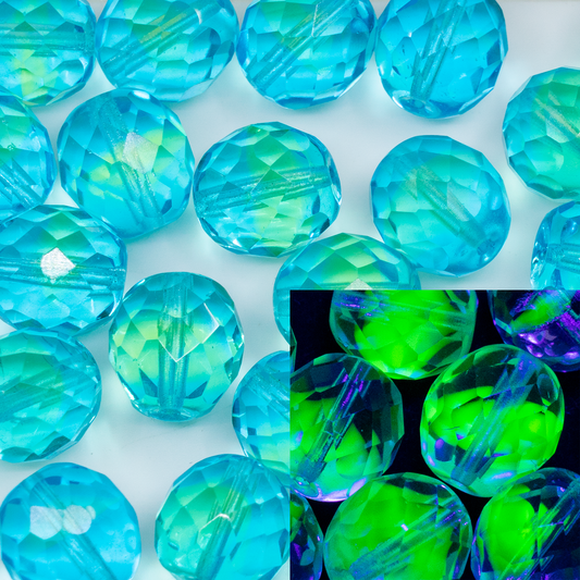 OUTLET 250g/50g Faceted Round Fire Polished Beads, 12 x 12 mm, Turquoise Green Transparent (57601), Glass, Czech Republic