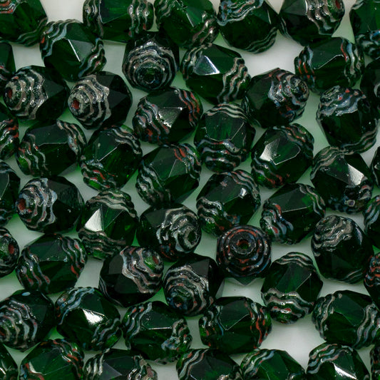 OUTLET 10g Special Cut Faceted Fire Polished Beads, 10 x 8 mm, Transparent Green Stain Strong (50140-86805), Glass, Czech Republic