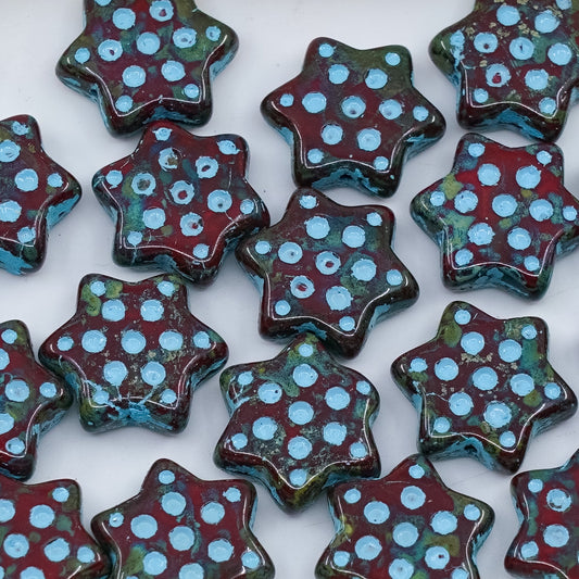 OUTLET 10 grams Pressed Beads Star With Dot, 16 x 16 mm, Opaque Red Travertin Light Blue Lined (93200-86800-54308), Glass, Czech Republic