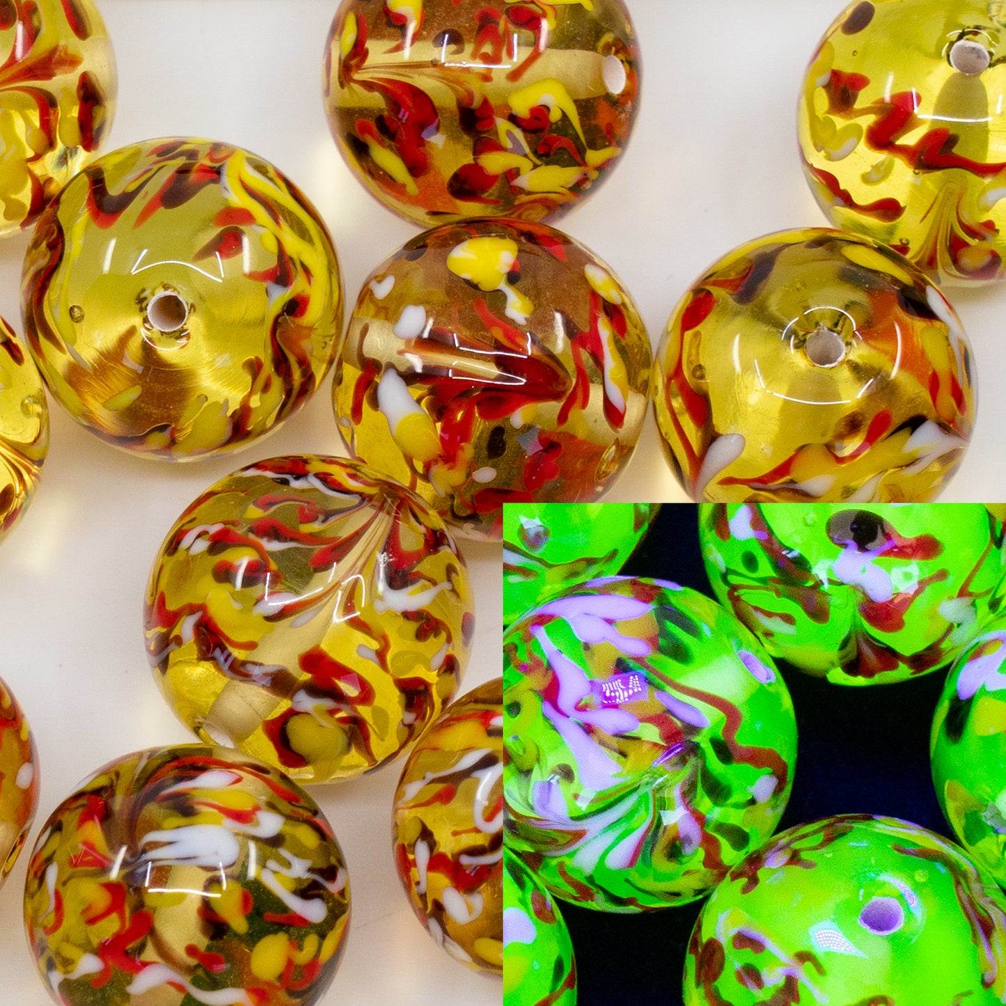 OUTLET 1 pcs Lampwork Round Beads, 16 x 16 mm, Transparent Yellow Red Splash (80130-red-splash), Glass, Czech Republic