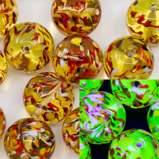 OUTLET 1 pcs Lampwork Round Beads, 16 x 16 mm, Transparent Yellow Red Splash (80130-red-splash), Glass, Czech Republic