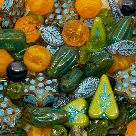 LIMITED Mix of Czech Glass Beads, Hand Made Set Kit, Purple Spindl Yellow Petunia Glass Beads mix striped-orange