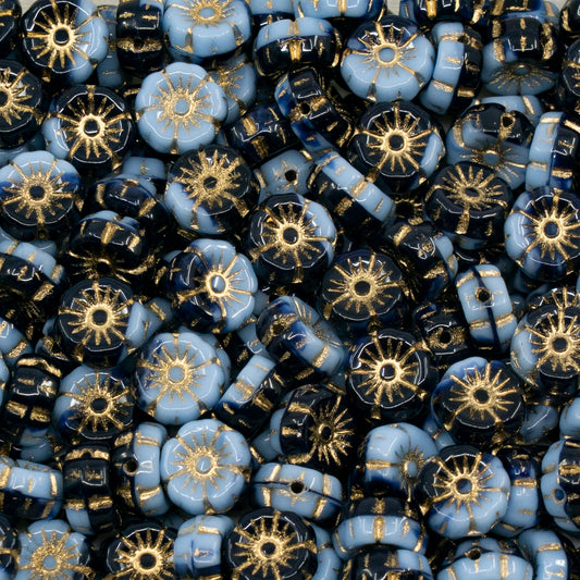 OUTLET 250克/50克夏威夷花珠，8 x 8毫米，不透明浅蓝色/不透明蓝色，金色内衬（33010-33400-54202），玻璃，捷克共和国