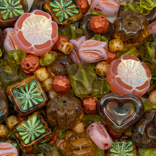 LIMITED Mix of Czech Glass Beads, Hand Made Set Kit, Green Star Beads Pink Table Cut Hawaii Flower Beads