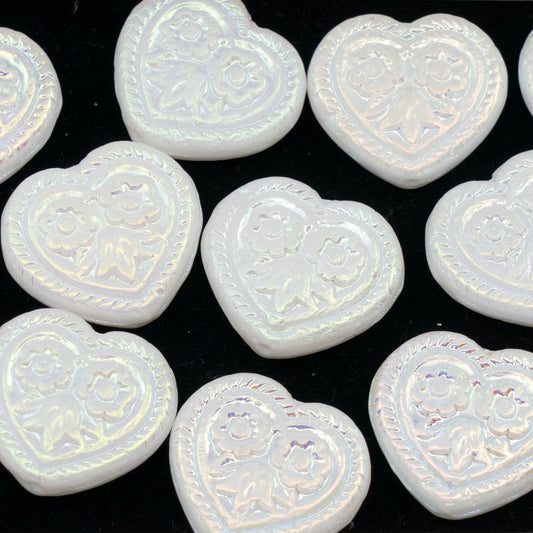 OUTLET 250g/50g Heart With Folklore Flowers Beads, 17 x 17 mm, White Opal Matte Ab Full (2X Side) (02020-84100-28703), Glass, Czech Republic