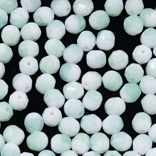 OUTLET 250g/50g Faceted Round Fire Polished Beads, 6 x 6 mm, White Teal (white-teal), Glass, Czech Republic