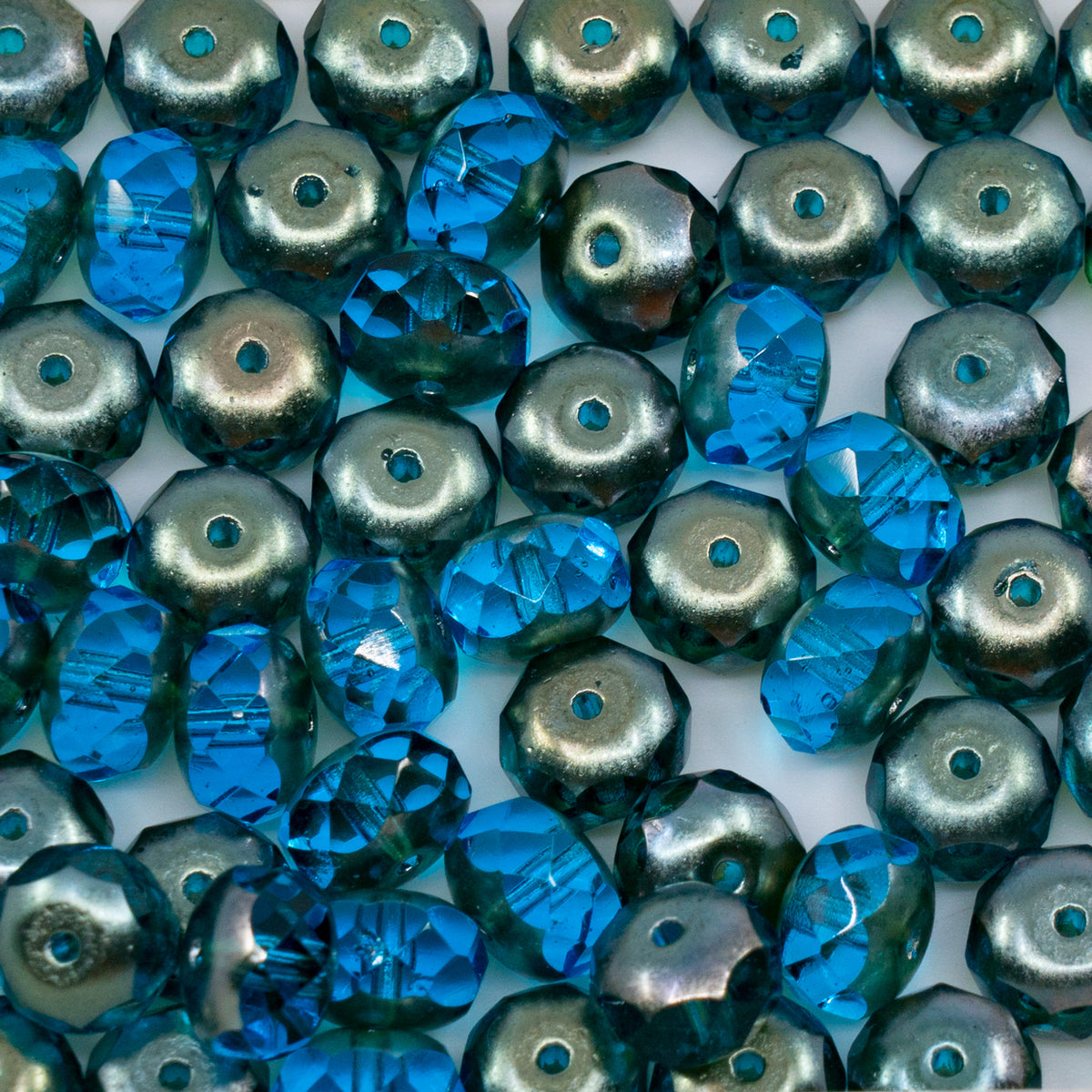 OUTLET 250g/50g Faceted Rondelle Fire Polished Beads, 7 x 9 mm, Transparent Aqua Platinum (60020-22500), Glass, Czech Republic