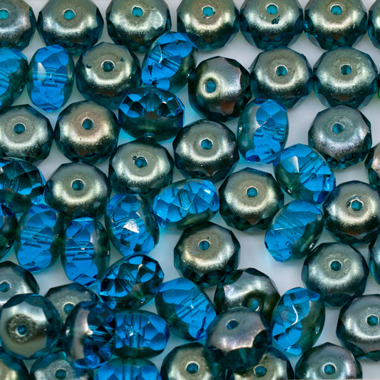 OUTLET 250g/50g Faceted Rondelle Fire Polished Beads, 7 x 9 mm, Transparent Aqua Platinum (60020-22500), Glass, Czech Republic