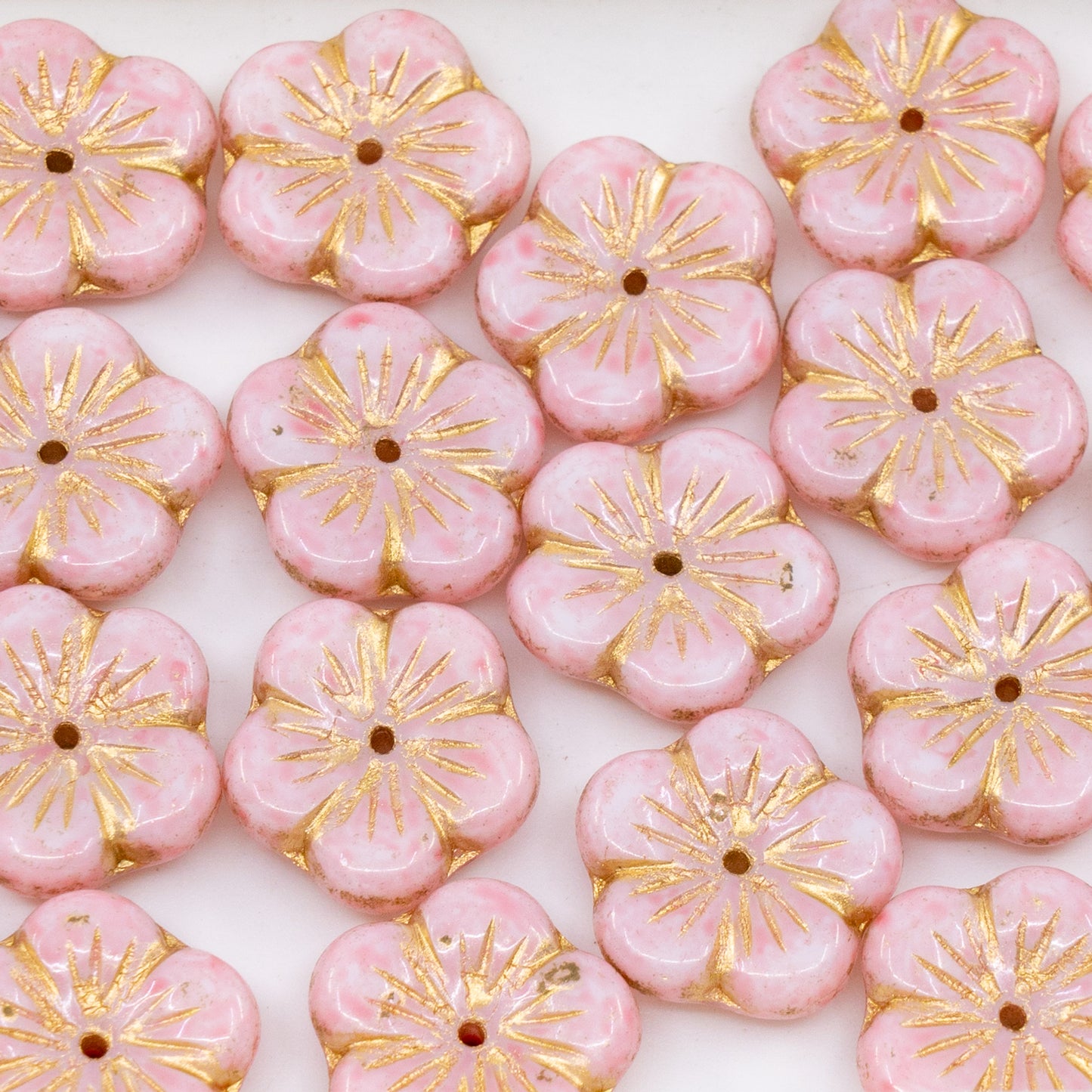 OUTLET 250g/50g Apple Flower Beads, 14 x 14 mm, White Gold Lined Light Pink (02010-54302-34304), Glass, Czech Republic