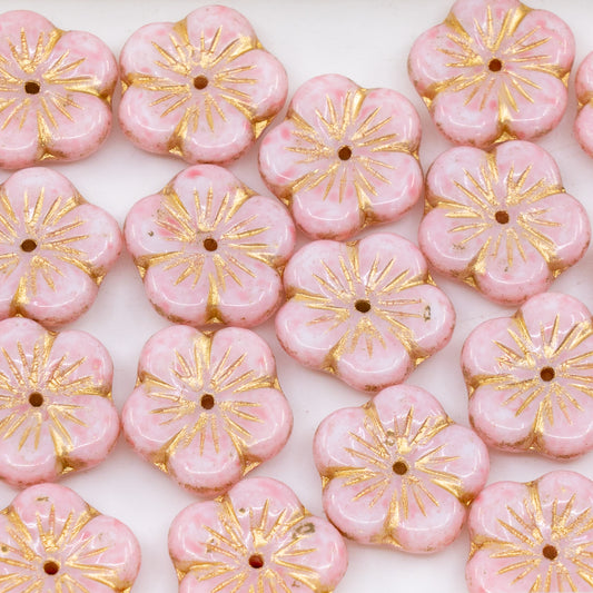 OUTLET 250g/50g Apple Flower Beads, 14 x 14 mm, White Gold Lined Light Pink (02010-54302-34304), Glass, Czech Republic