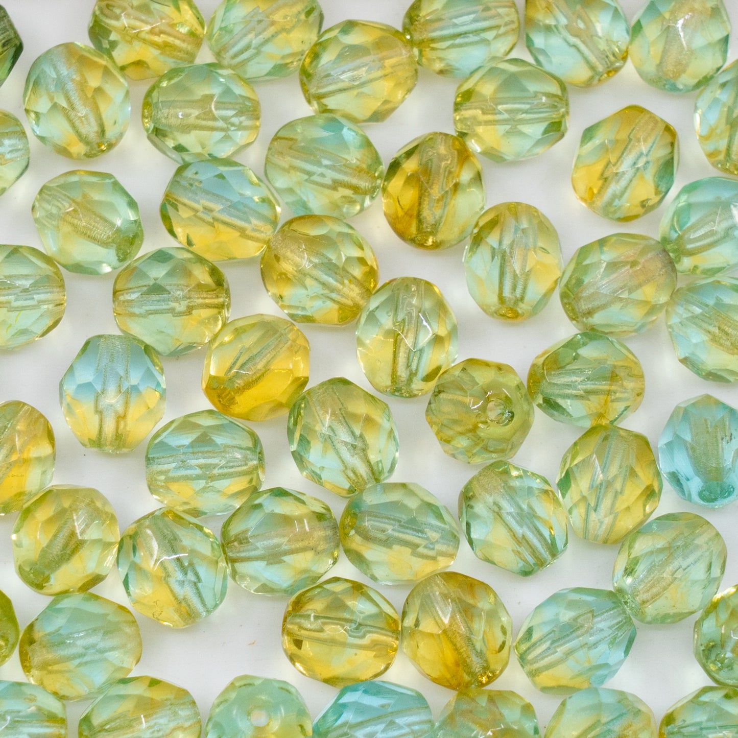 OUTLET 250g/50g Faceted Round Fire Polished Beads, 8 x 8 mm, Crystal Yellow Blue (00030-yellow-blue), Glass, Czech Republic
