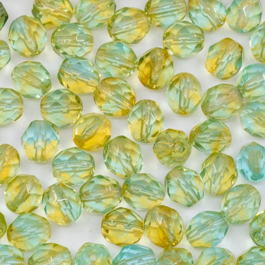 OUTLET 250g/50g Faceted Round Fire Polished Beads, 8 x 8 mm, Crystal Yellow Blue (00030-yellow-blue), Glass, Czech Republic