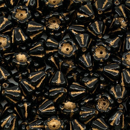 OUTLET 250g Bell Flower Beads, 6 x 8 mm, Black Gold Lined (23980-54302), Glass, Czech Republic