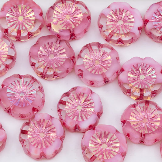 OUTLET 10 grams Table Cut Hawaii Flower Beads, 14 x 14 mm, Pink Ab Full (2X Side) Pink Lined (R0742-28703-54321), Glass, Czech Republic