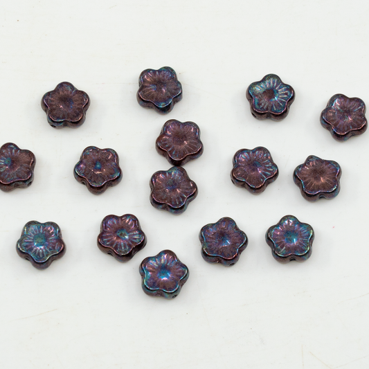 OUTLET 10克日落花朵珠，10 x 10毫米，透明橙紫色（90020-15726），玻璃，捷克共和国