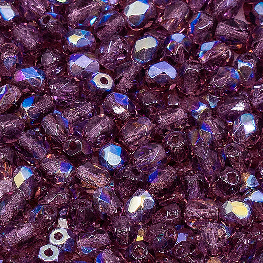 OUTLET 10 grams Faceted Round Fire Polished Beads, 4 x 4 mm, Amethyst Ab (20060-28701), Glass, Czech Republic