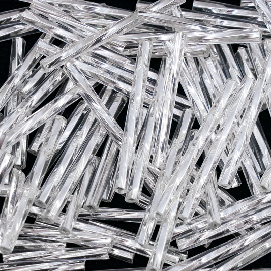 OUTLET 250g/50g Bugles Beads, 30 x 3 mm, Crystal Silver Lined (78102), Glass, Czech Republic