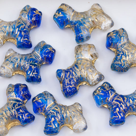 OUTLET 250g/50g Terrier Dog Beads, 19 x 17 mm, Mixed Crystal Blue Gold Lined (37008-54302), Glass, Czech Republic
