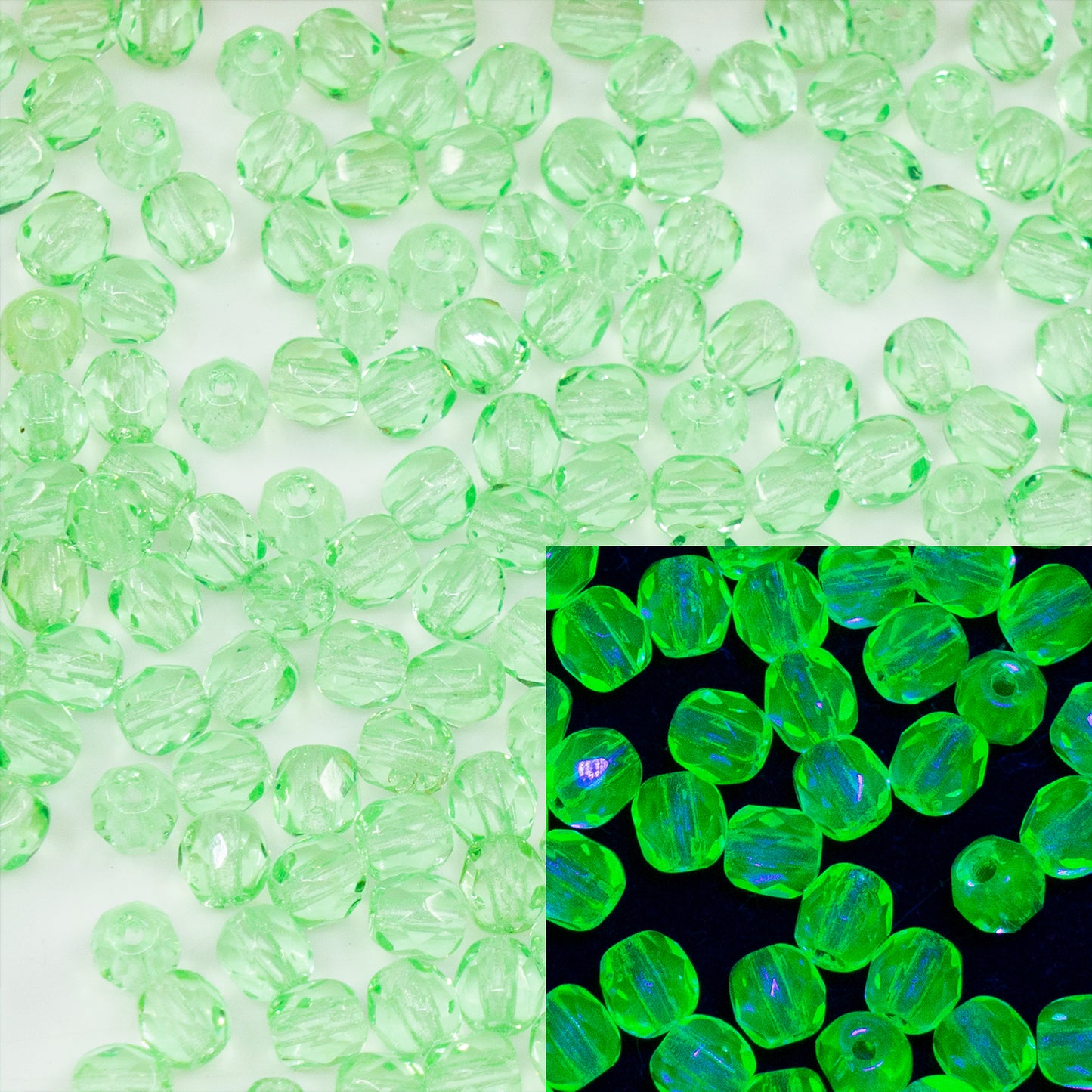 OUTLET 250g/50g Faceted Round Fire Polished Beads, 4 x 4 mm, Transparent Green (50800), Glass, Czech Republic