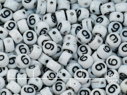 OUTLET 250g Pressed Czech Glass Letter Number Beads, 6 x 6 mm, (9), White Black Lined, Glass, Czech Republic
