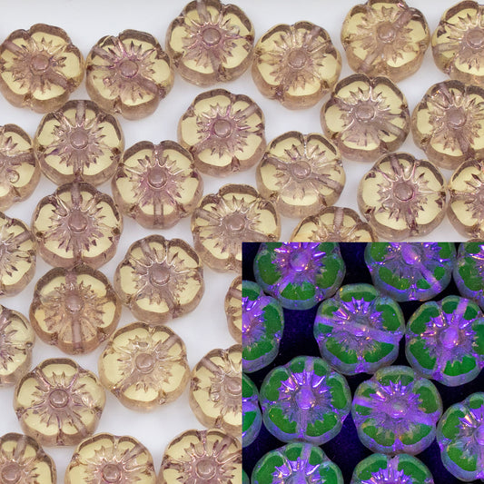 OUTLET 10 grams Table Cut Hawaii Flower Beads, 10 x 10 mm, Transparent Yellow Luster Lila (80120-14494), Glass, Japan