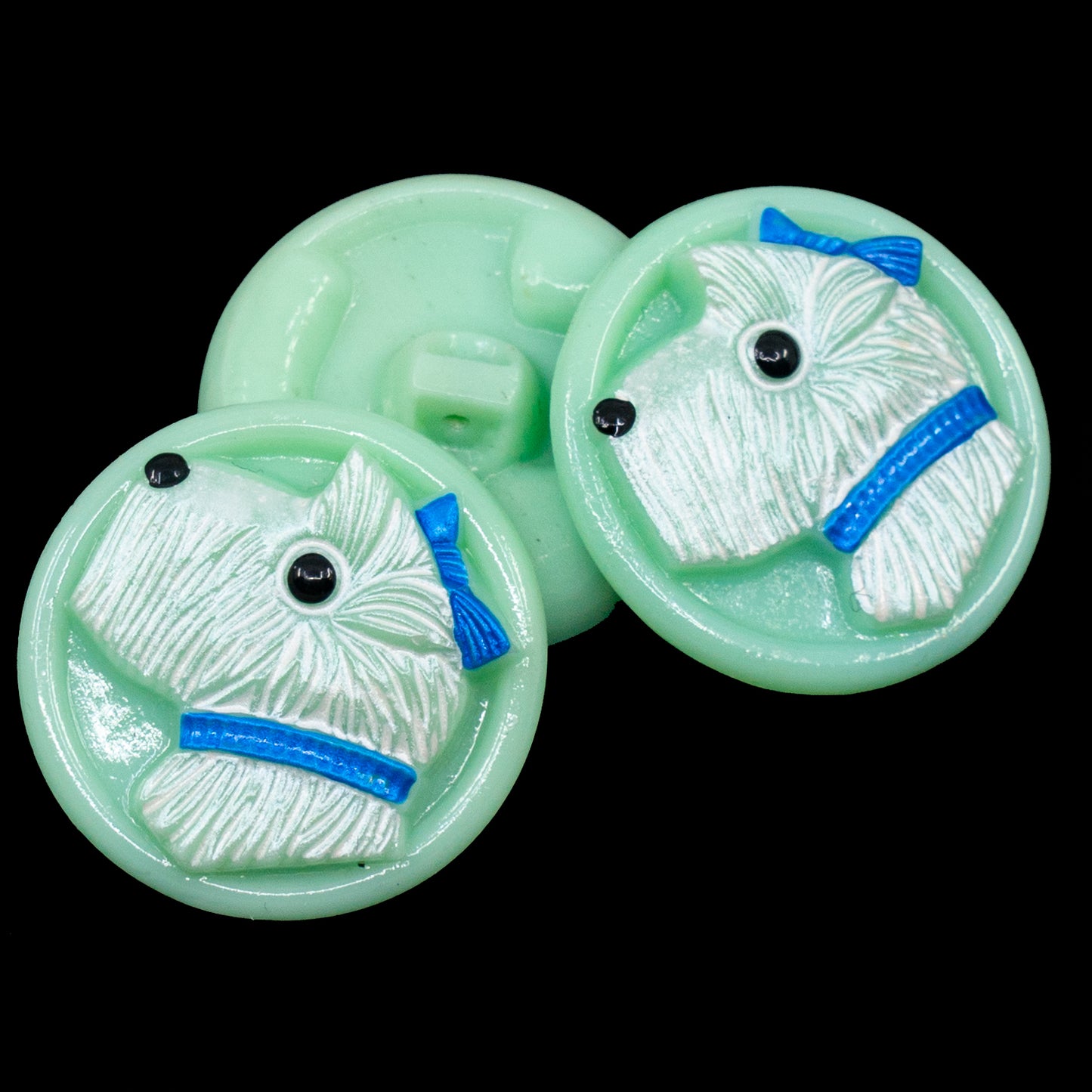 OUTLET 1 pcs Czech Glass Handmade Button, Size 10 (22.5 mm), 17 Green Glass Blue Design (), Glass, Czech Republic