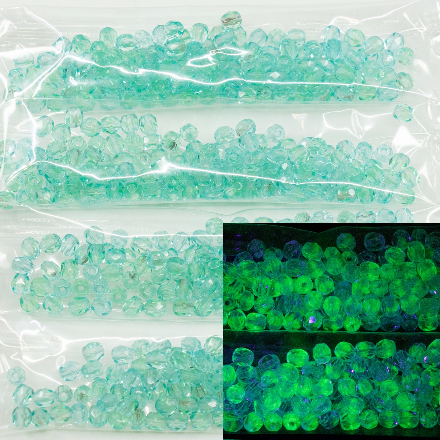 奥特莱斯 10 克多面圆形火抛光珠，4 x 4 毫米，绿松石色 (57601)，玻璃，捷克共和国